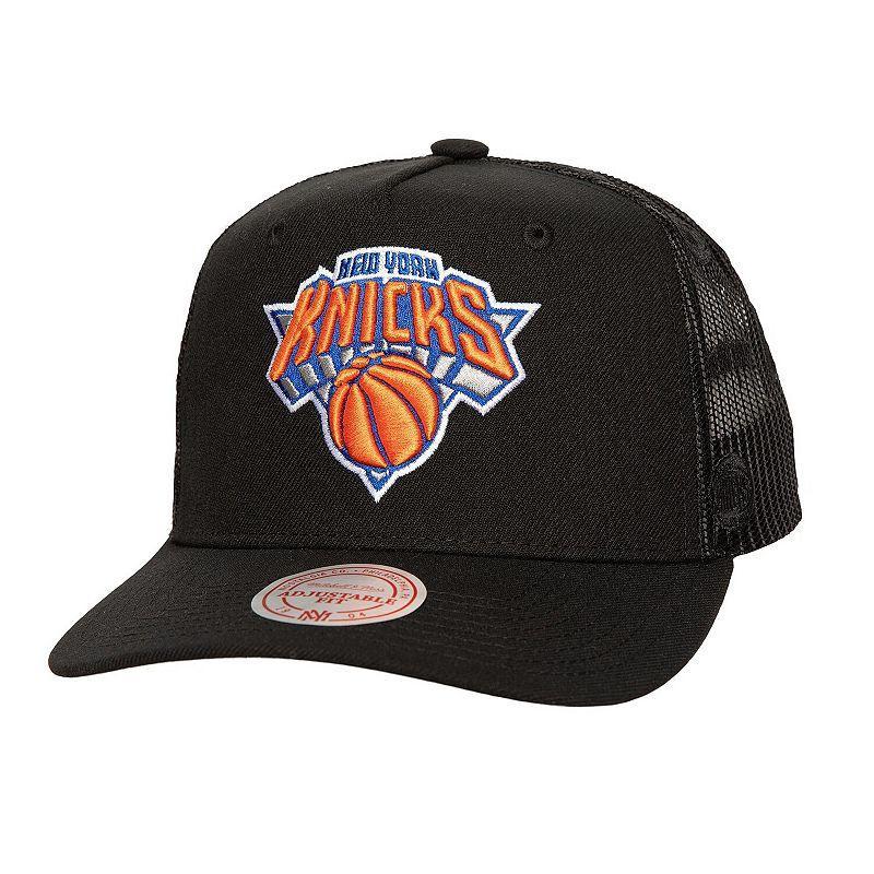 Mens Mitchell & Ness New York Knicks Monogram All-Over Logo Mesh Trucker Adjustable Hat Product Image