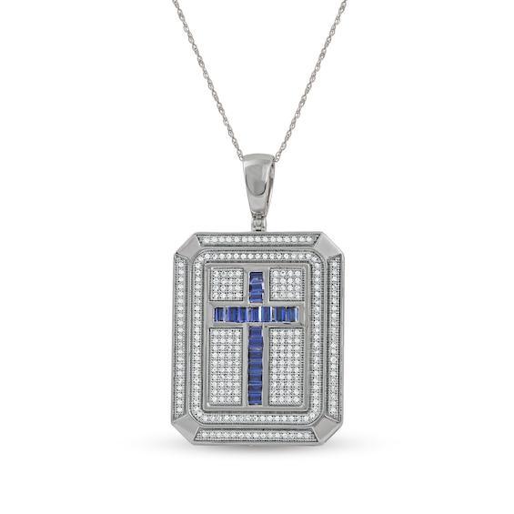 Men's Baguette Blue and White Lab-Created Sapphire Octagonal Frame Cross Dog Tag Pendant in Sterling Silver - 22" Product Image