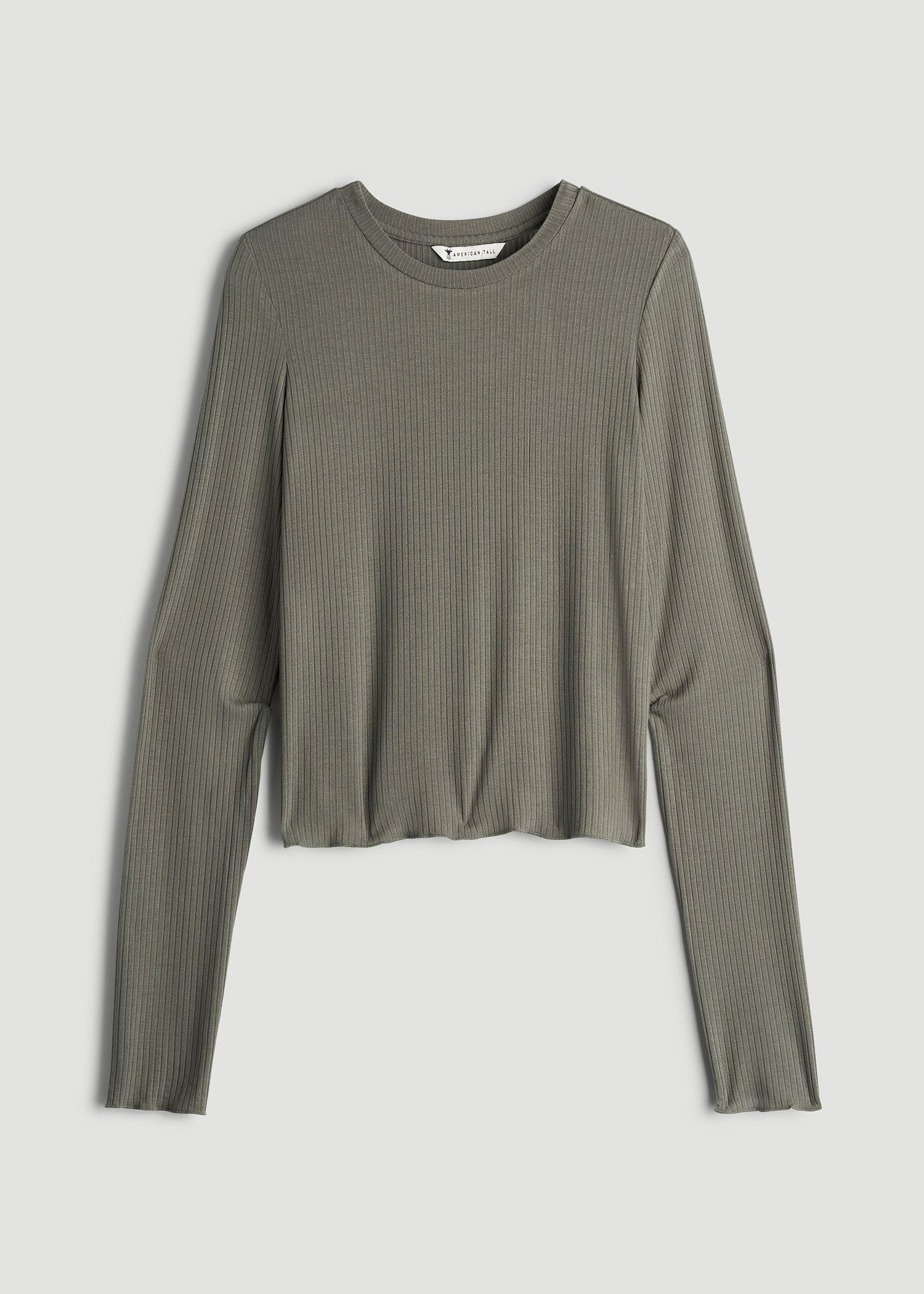 Lightweight Ribbed Cropped Lounge Shirt for Tall Women in Camper Green Female Product Image