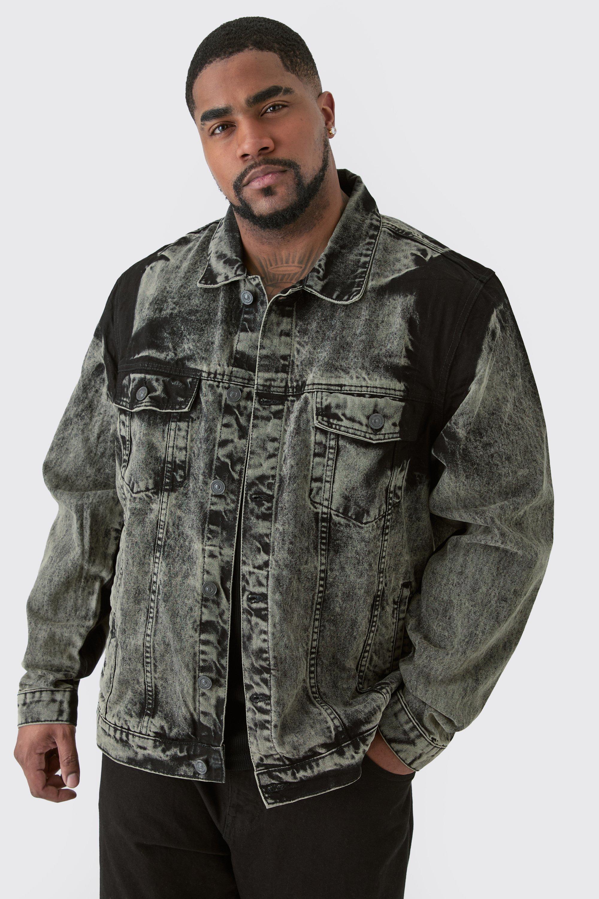 Mens Black Plus Acid Wash Denim Jacket, Black Product Image