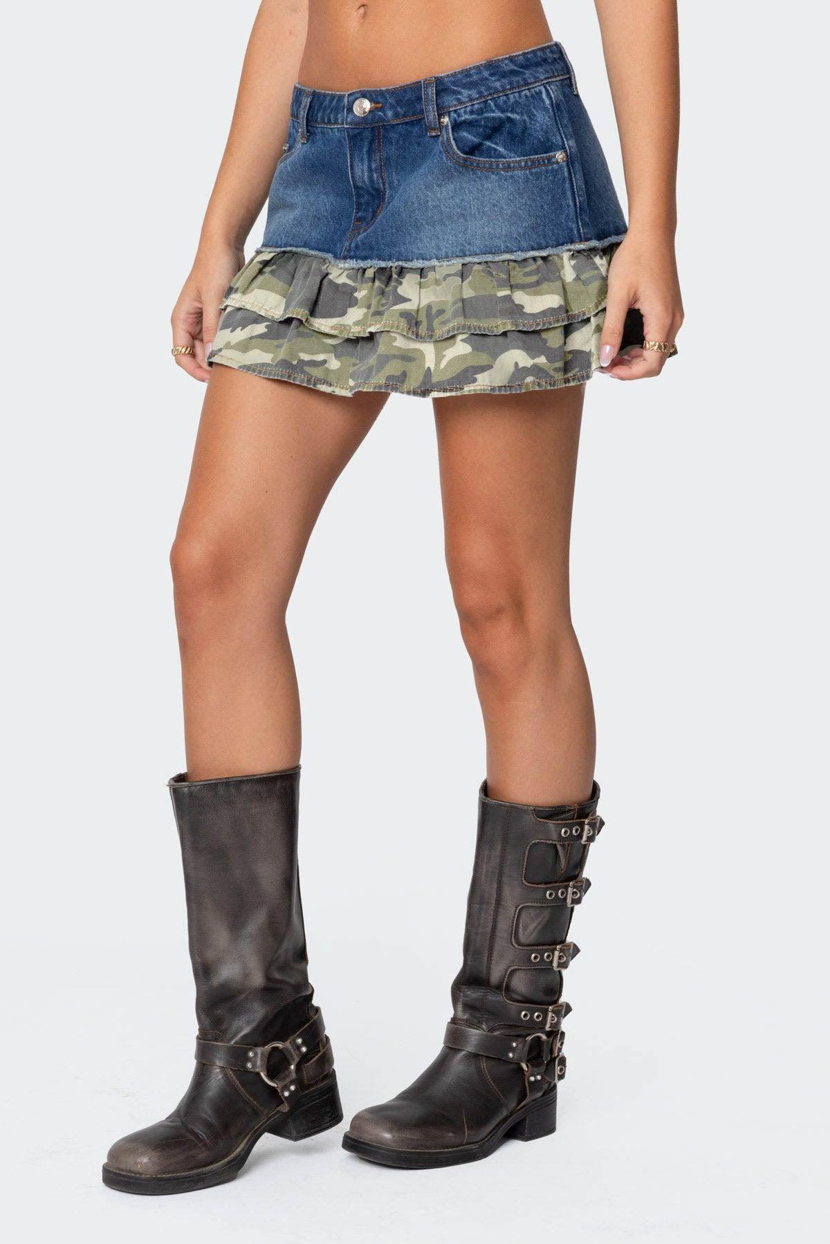 Camo Ruffle Denim Mini Skirt Product Image