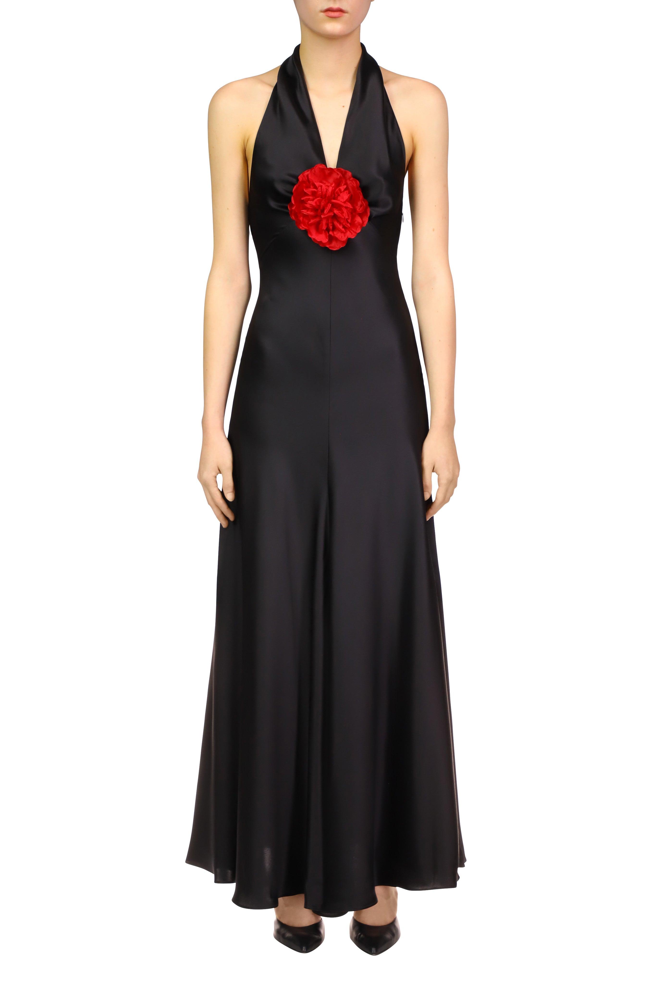 Black Silk Satin Halter Dress With Silk Flower Pin Product Image