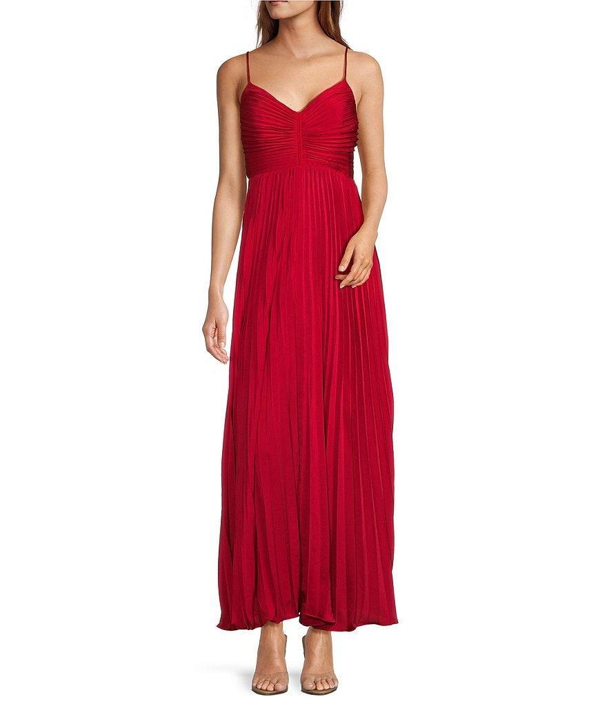 Lucy Paris Satin V-Neck Sleeveless Pleated Maxi Dress Product Image