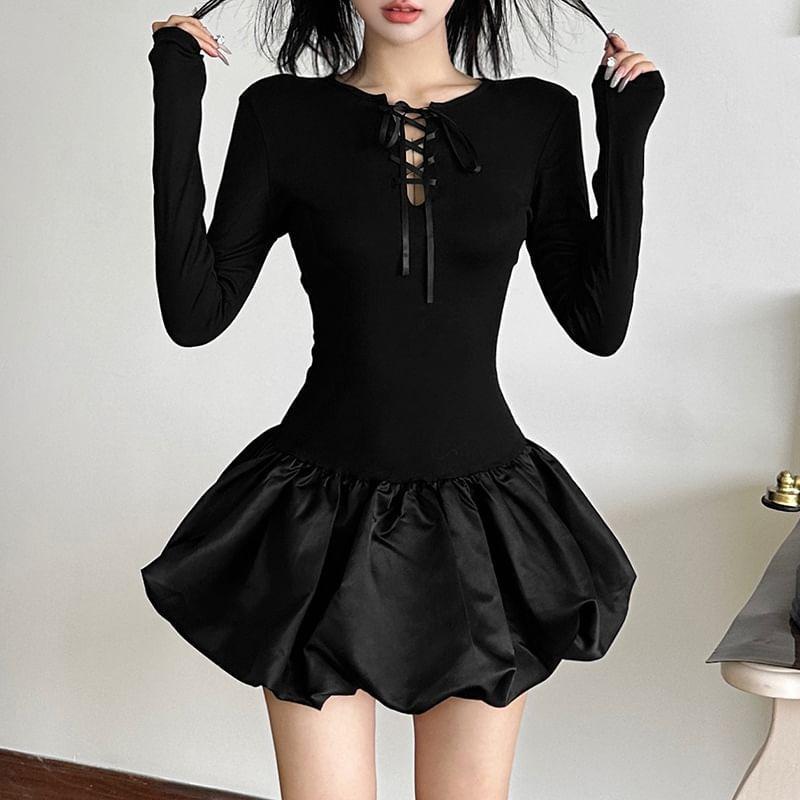 Long-Sleeve Crewneck Lace-Up Plain Mini A-Line Dress Product Image