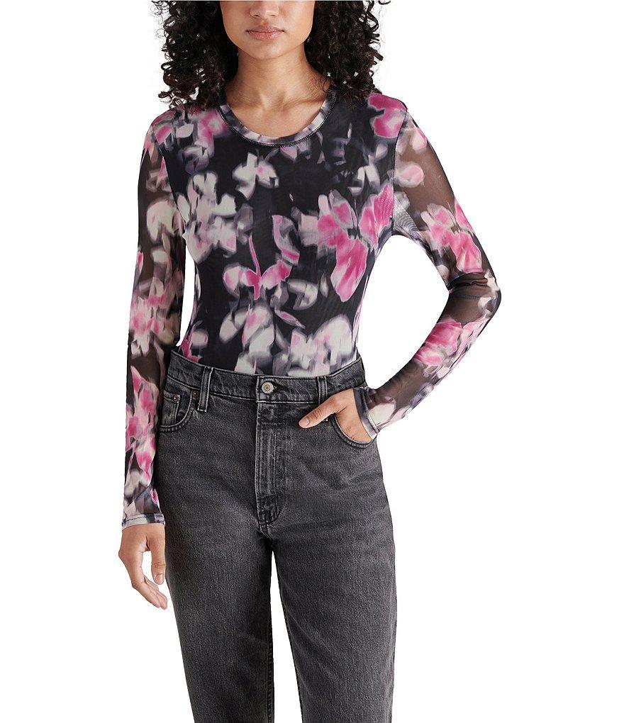 Steve Madden Azure Mesh Floral Print Crew Neck Long Sleeve Bodysuit Product Image