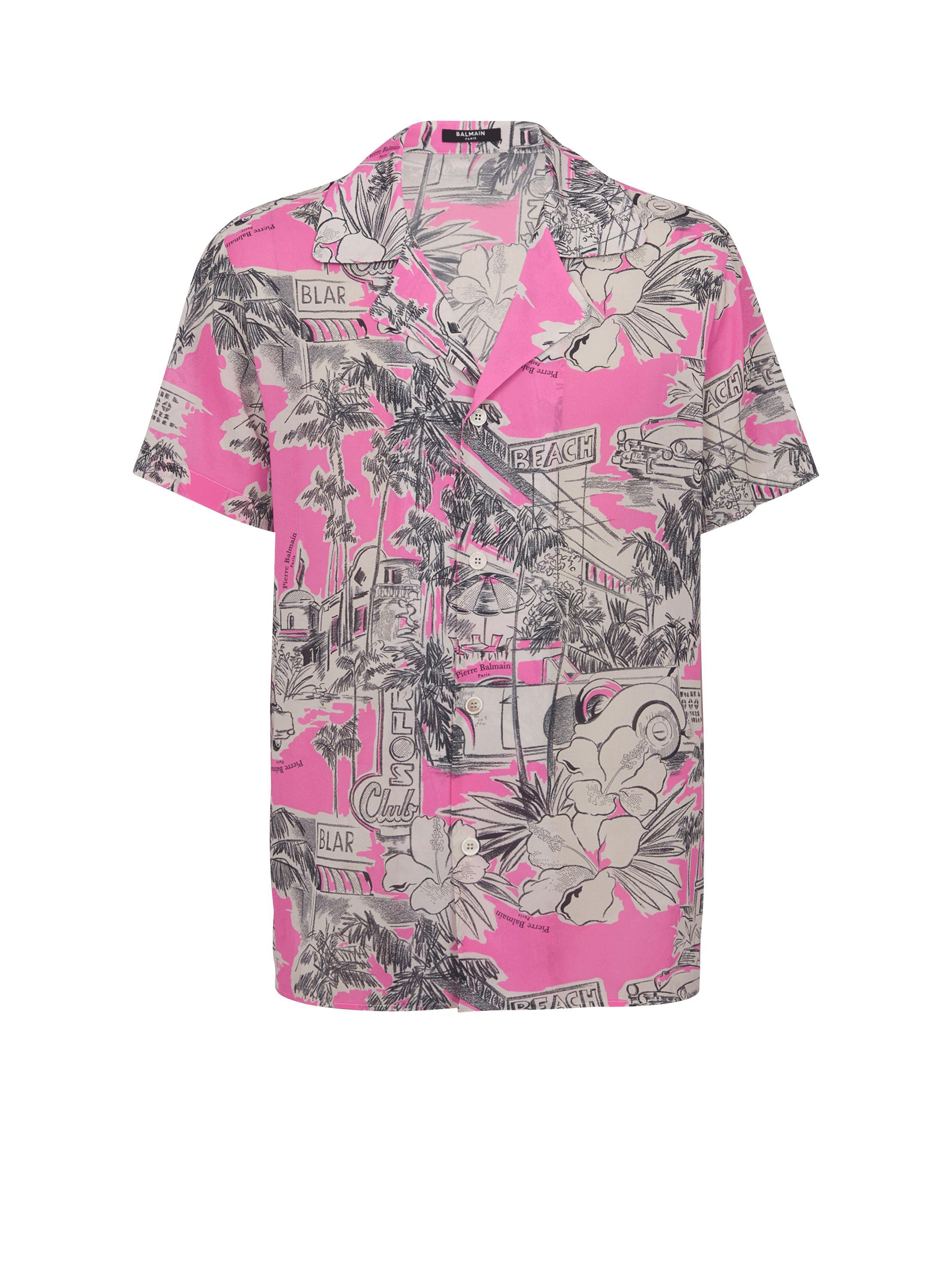 Short-sleeved silk pyjama shirt with Miami print Product Image