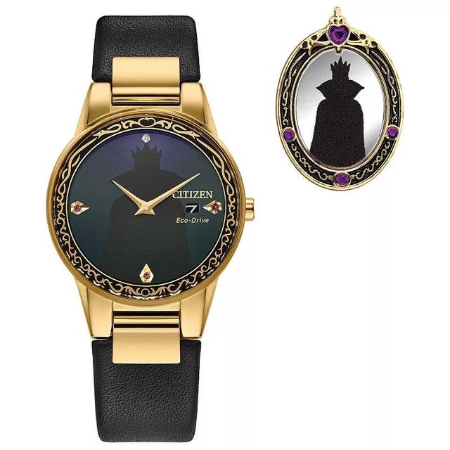 Disneys Villians Evil Queen Citizen Womens Eco-Drive Gold Tone Stainless Steel Black Leather Strap Watch & Pin Box Set Product Image