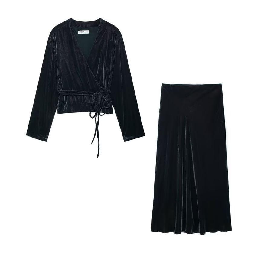 Long-Sleeve V-Neck Velvet Plain Top / High Rise Wide Leg Pants / Maxi A-Line Skirt / Set Product Image