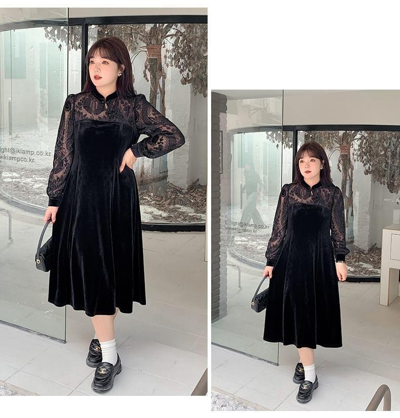 Plus Size Long-Sleeve Mandarin Collar Print Panel Velvet Midi A-Line Dress Product Image