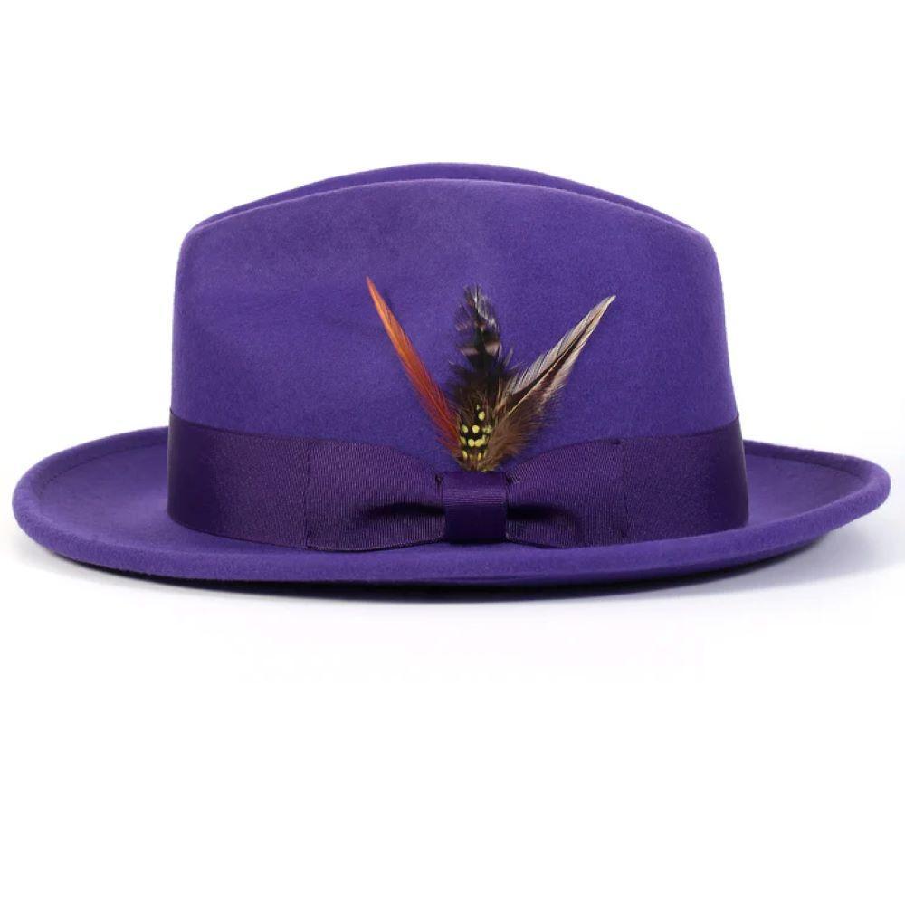 Wool Felt Fedora Pinch Front with Feather Accent in Blackberry Product Image