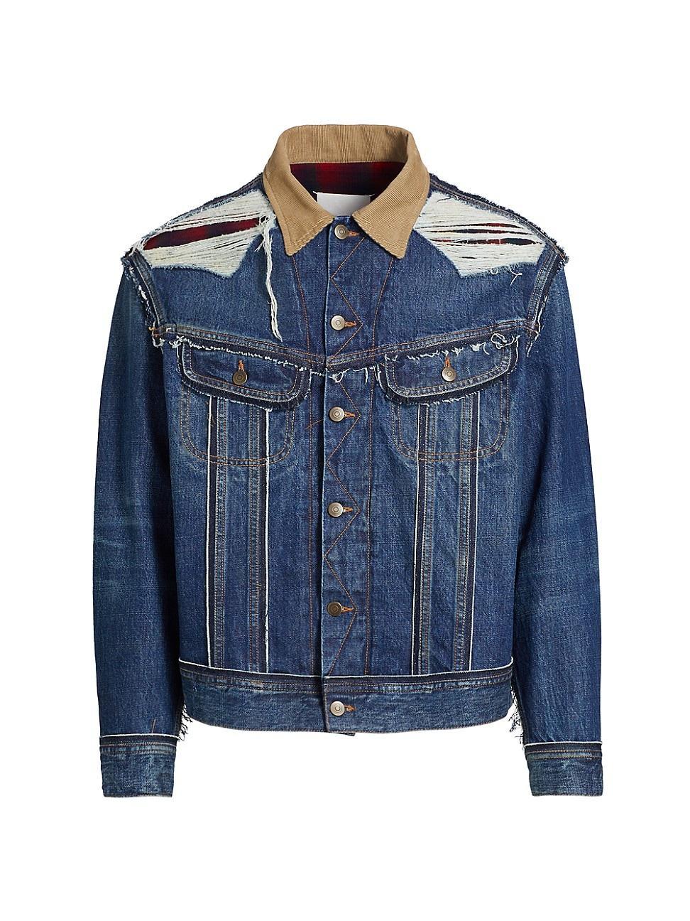 Mens Distresed Flannel-Lined Denim Trucker Jacket Product Image