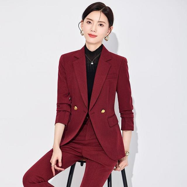 Lapel Collar Plain Double Breasted Blazer / Mid Rise Plain Dress Pants Product Image