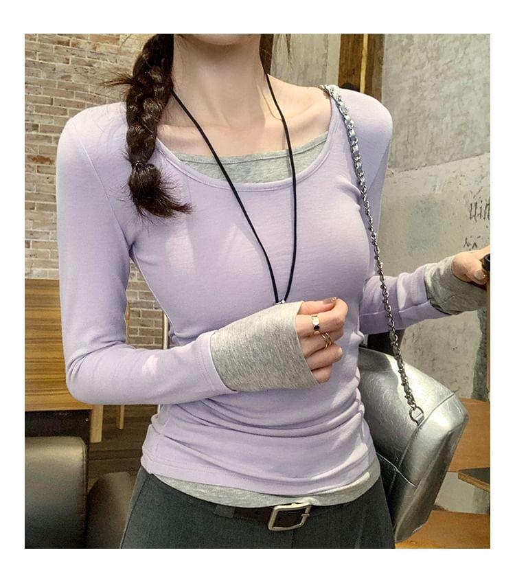 Mock Two-Piece Long-Sleeve Two Tone Slim Fit T-Shirt Product Image