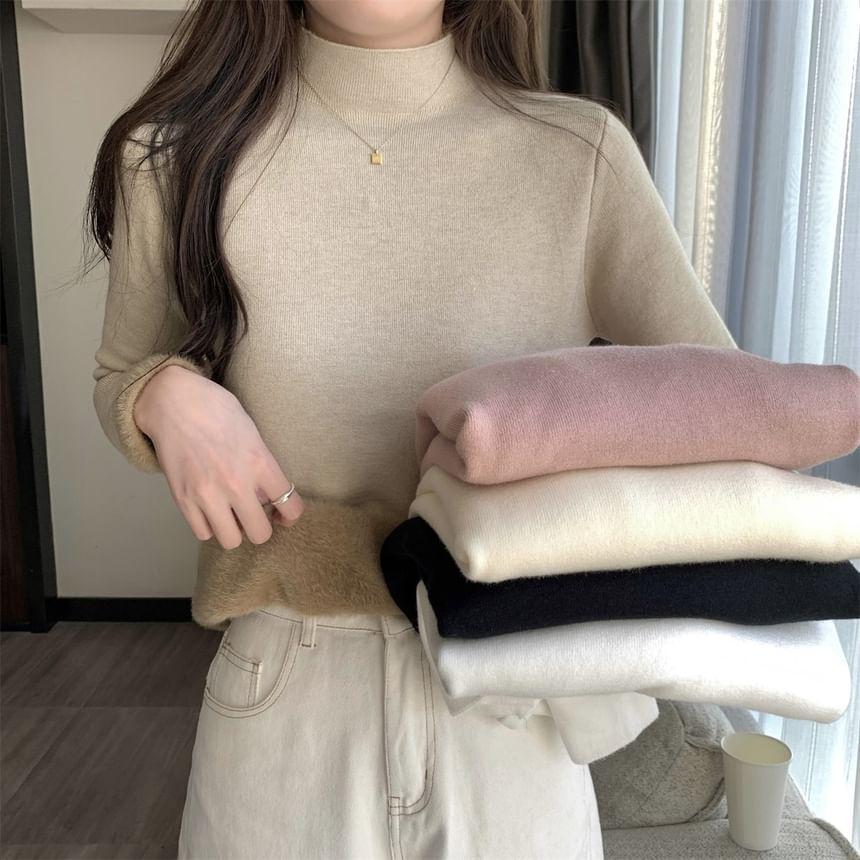 Long Sleeve Turtleneck Plain Fleece Lined Knit Top Product Image