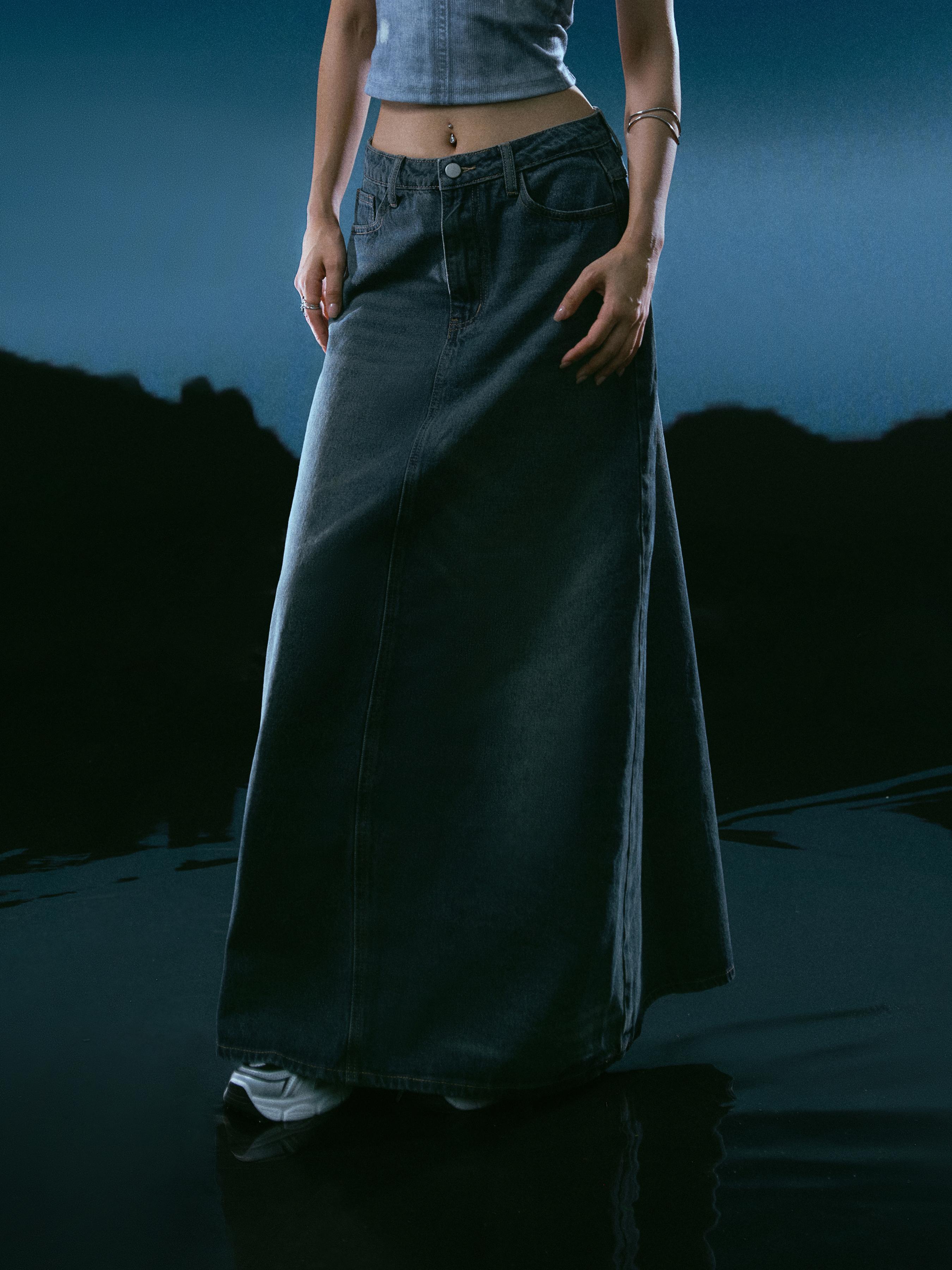 Denim Mid Waist Solid Pocket Maxi Skirt Product Image