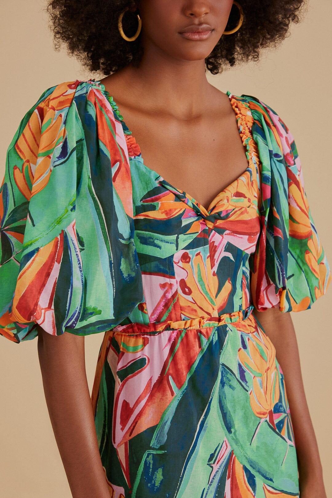 Multicolor Banana Foliage Puff Sleeve Midi Dress Product Image