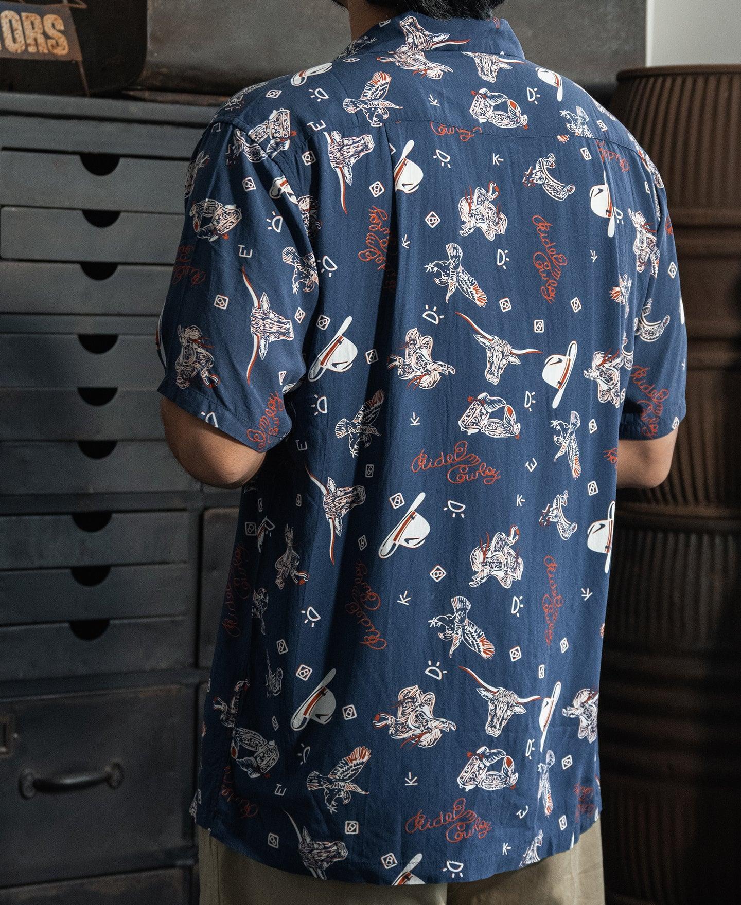 Cowboy Symbols Pattern Cuban Collar Shirt - Navy Product Image