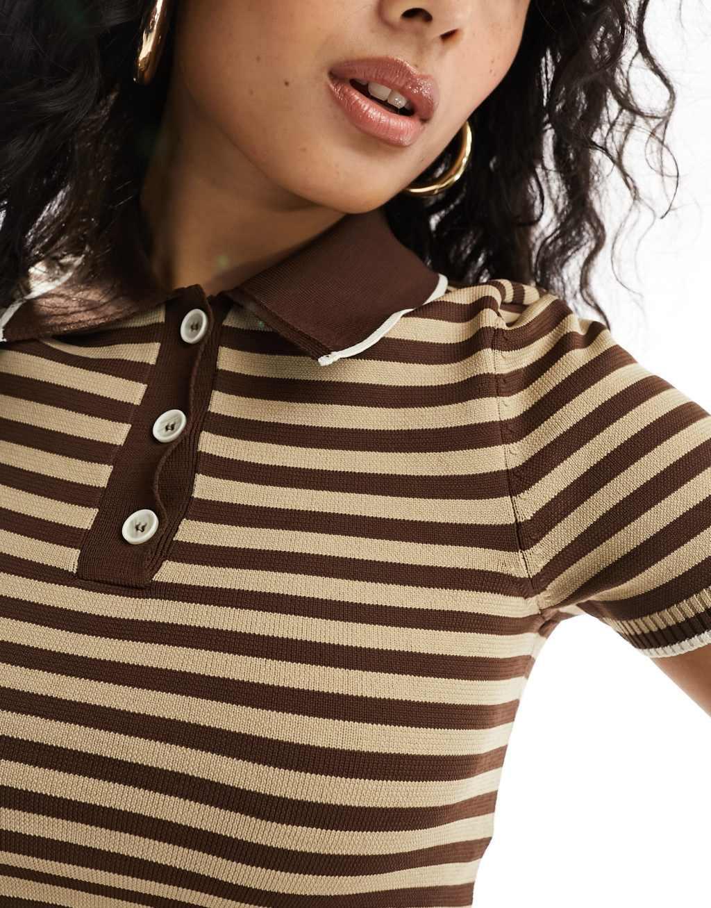 ASOS DESIGN knit half zip polo top in brown and black stripe Product Image