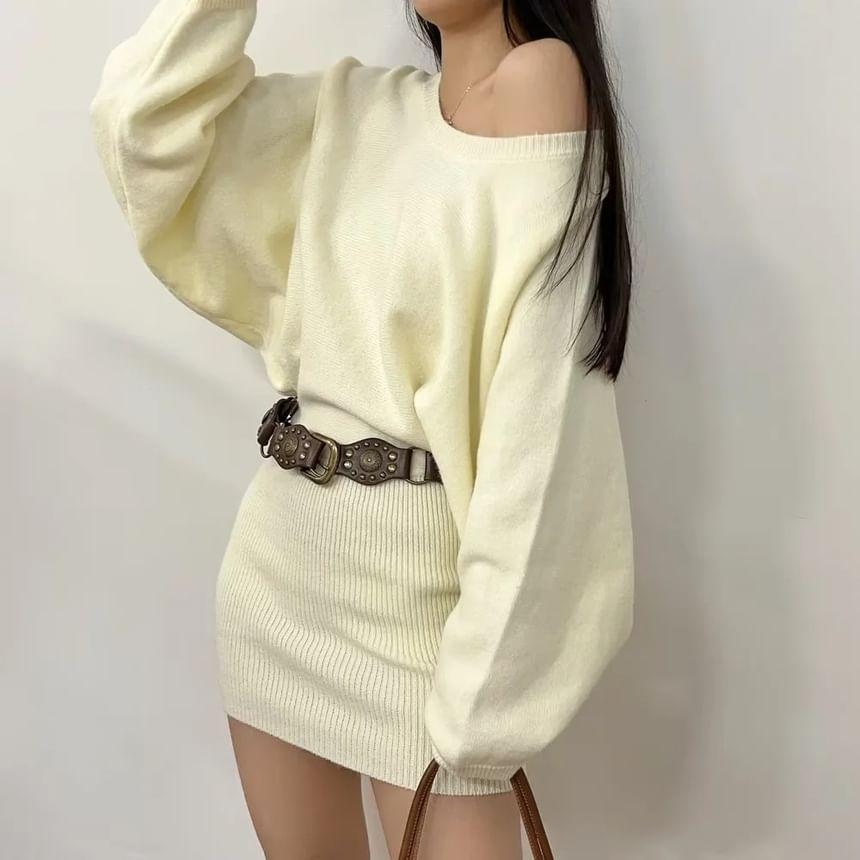 Off Shoulder Plain Mini Sweater Dress Product Image