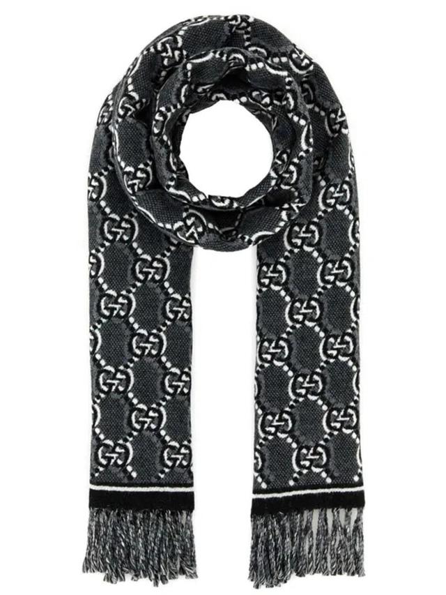 Gg-jacquard Frayed Scarf In Grey Product Image