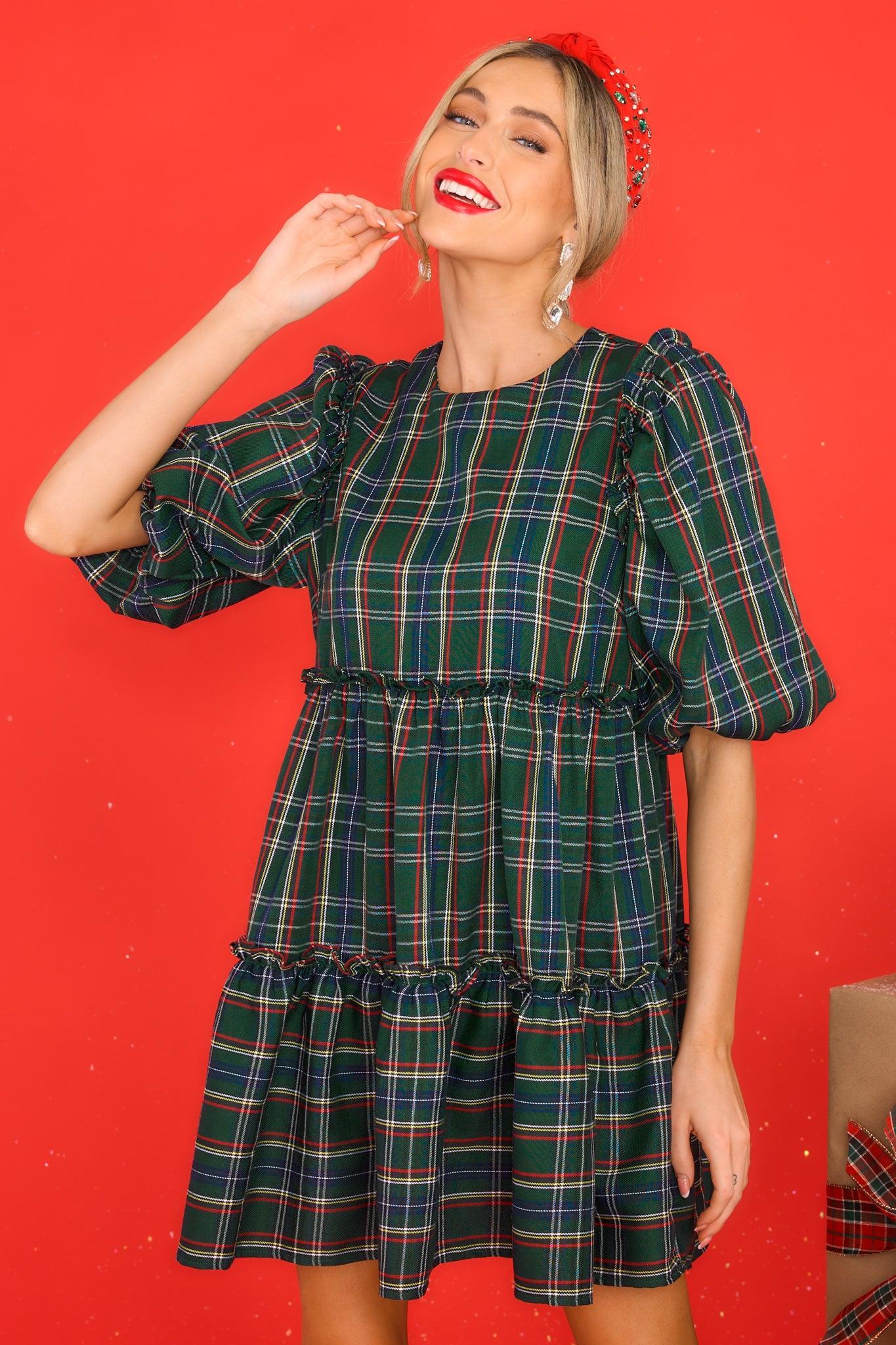 Aura The Gift Of You Hunter Green Plaid Dress Product Image