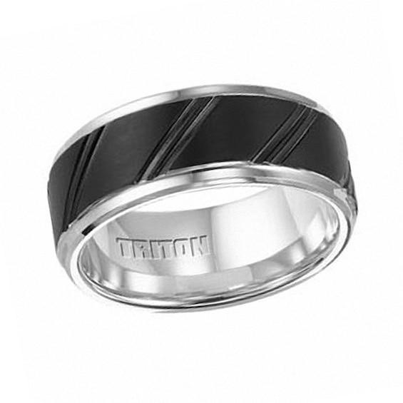 Triton Men's 9.0mm Comfort Fit Two-Tone Tungsten Slant Engravable Wedding Band (1 Line) Product Image