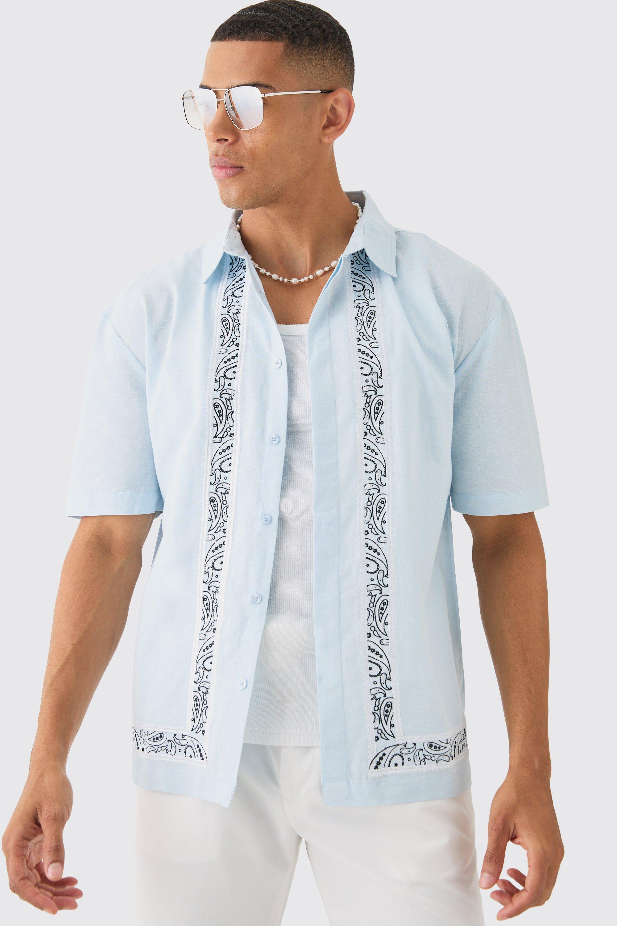 Mens Blue Concealed Placket Linen Boarder Shirt, Blue Product Image