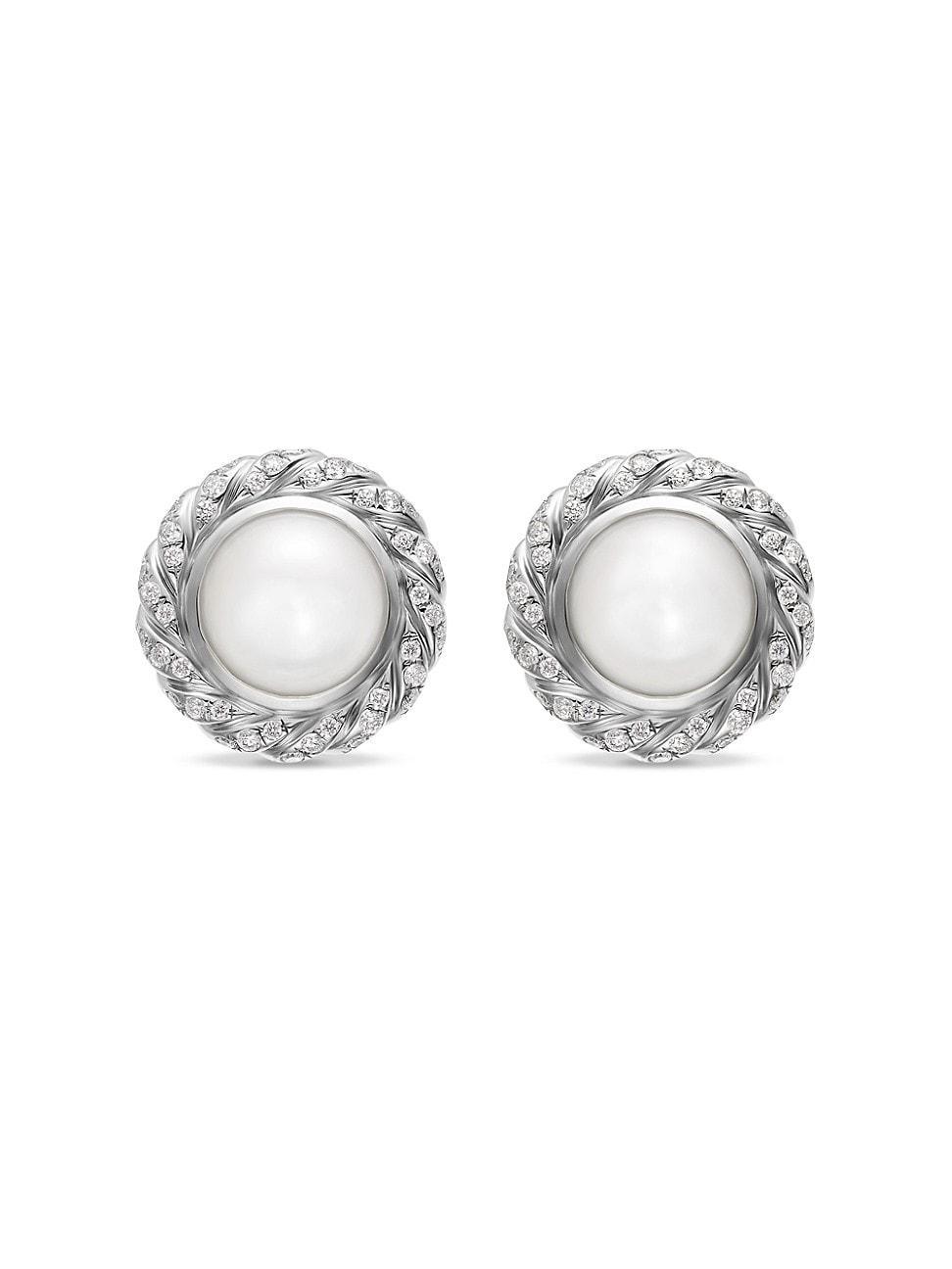 Womens Pearl Classics Cable Halo Button Earrings in Sterling Silver with Diamonds, 13MM Product Image