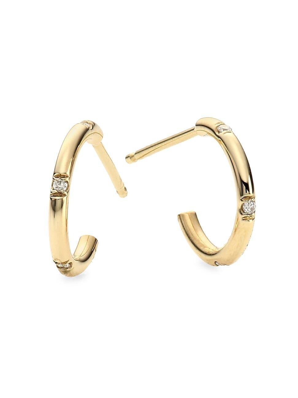 Womens 14K Yellow Gold & Diamond Huggie Hoop Earrings Product Image