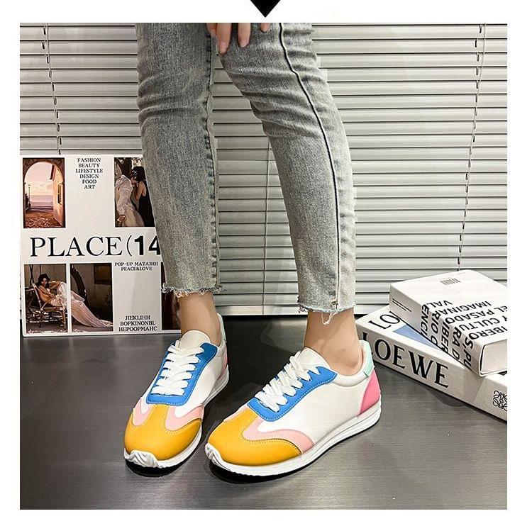 Color Block Lace-Up Faux Leather Sneakers Product Image