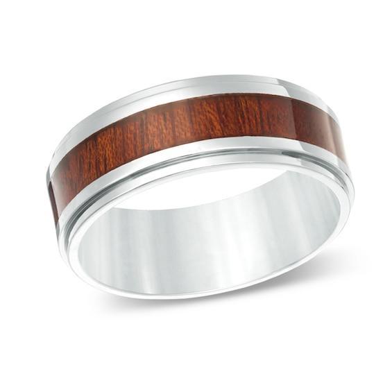 Men's 8.0mm Comfort Fit Wood Grain Inlay Wedding Band in Stainless Steel Product Image