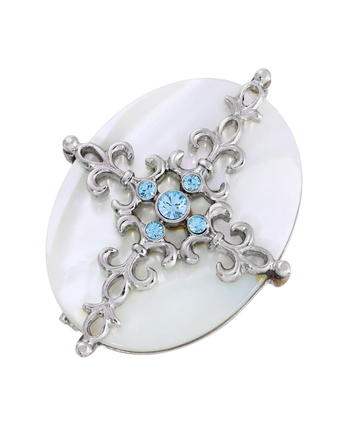 1928 Silver Tone Aqua and Simulated Pearl Cross Brooch, Womens, White Product Image