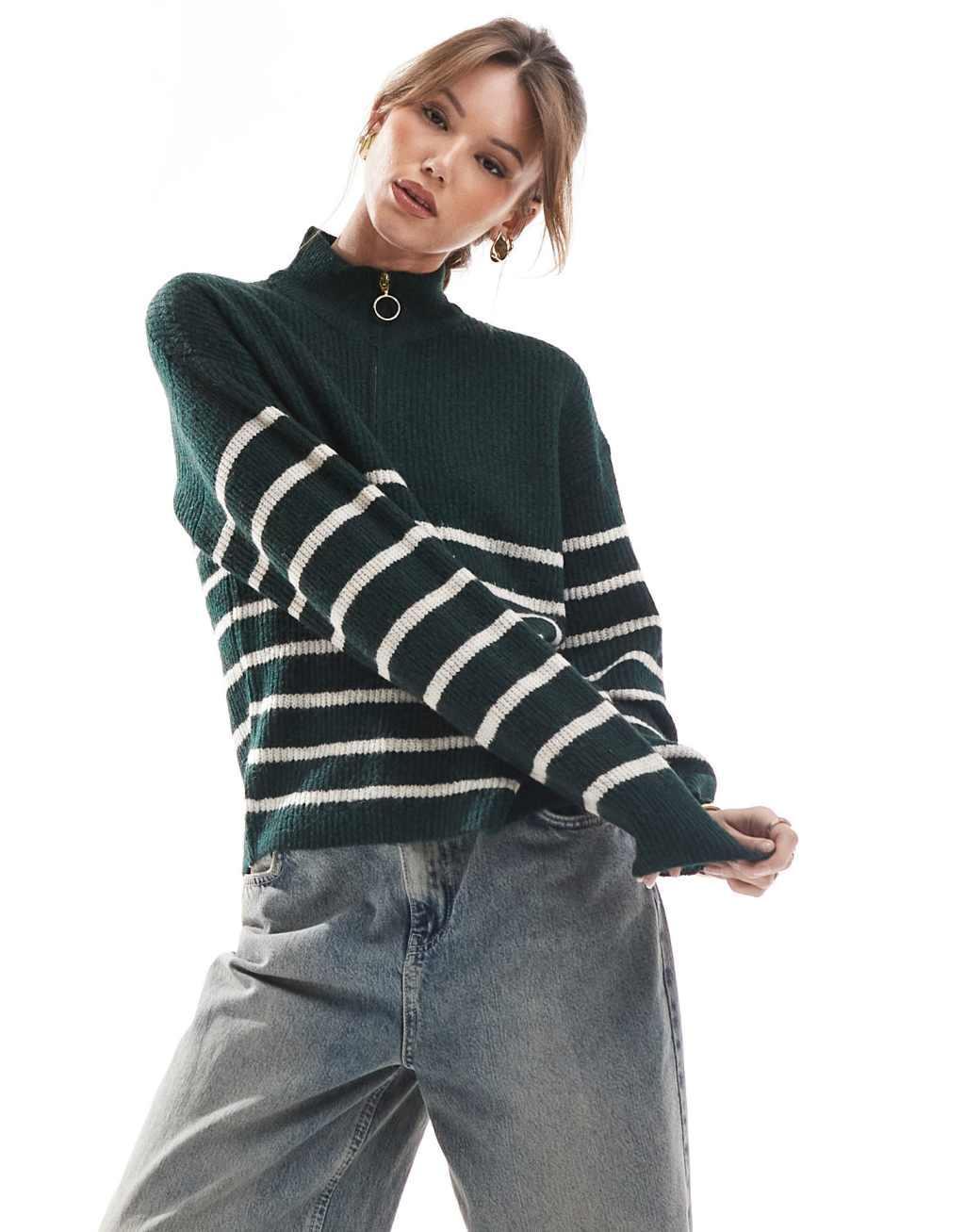 ONLY 1/4 zip sweater in dark green stripe Product Image