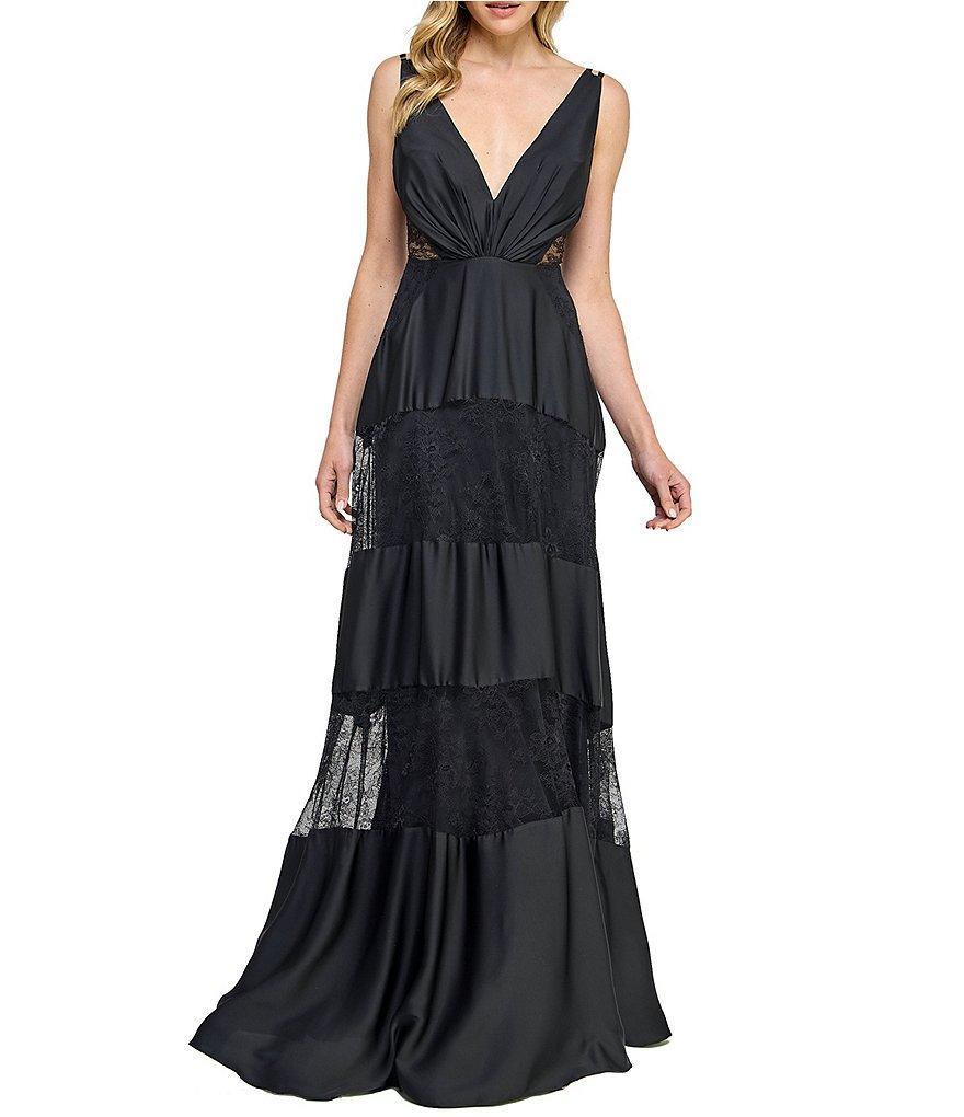 Layered With Love Celia Satin V-Neck Sleeveless Tiered Lace Maxi Dress Product Image