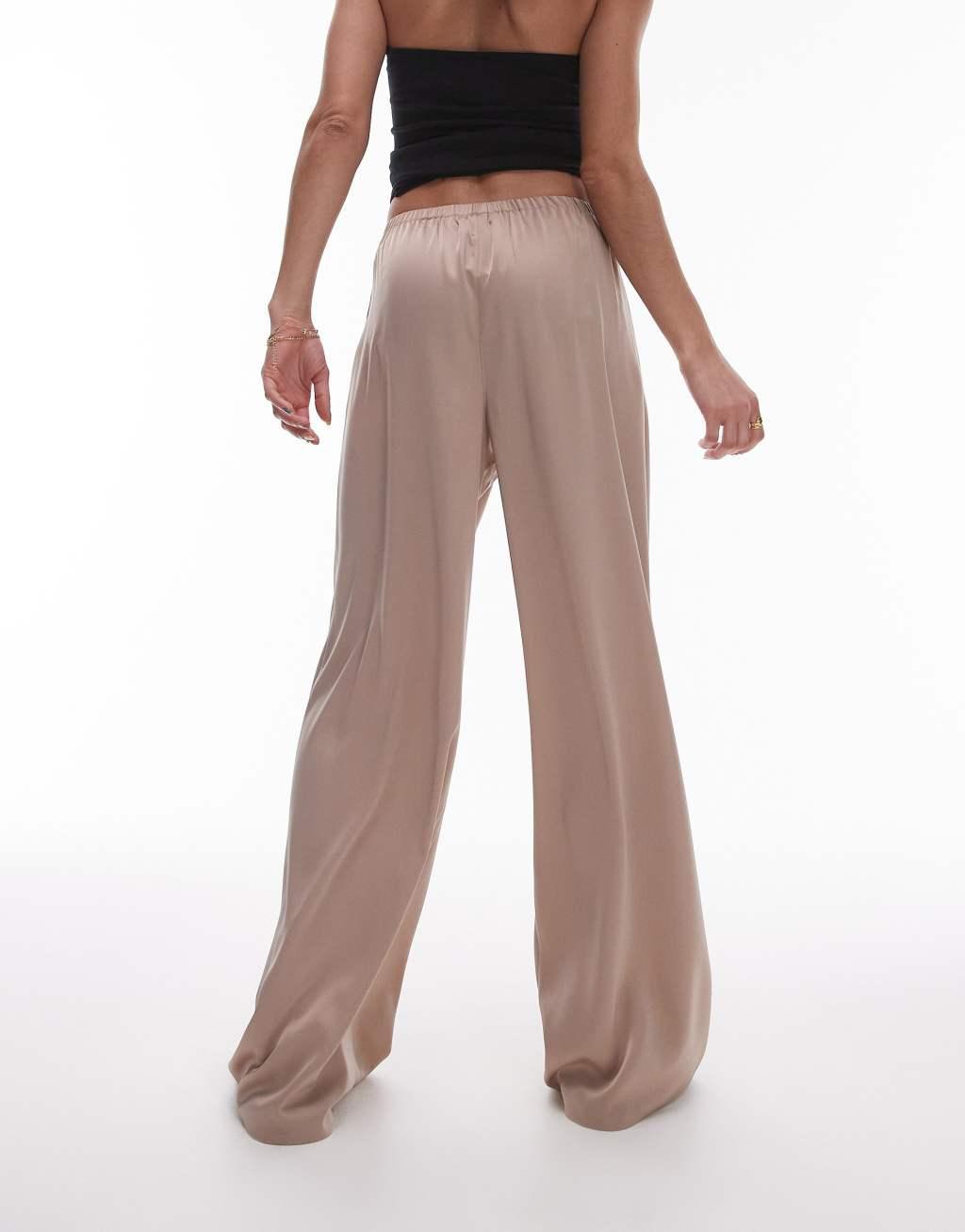 Topshop satin straight leg drawstring pants in taupe Product Image