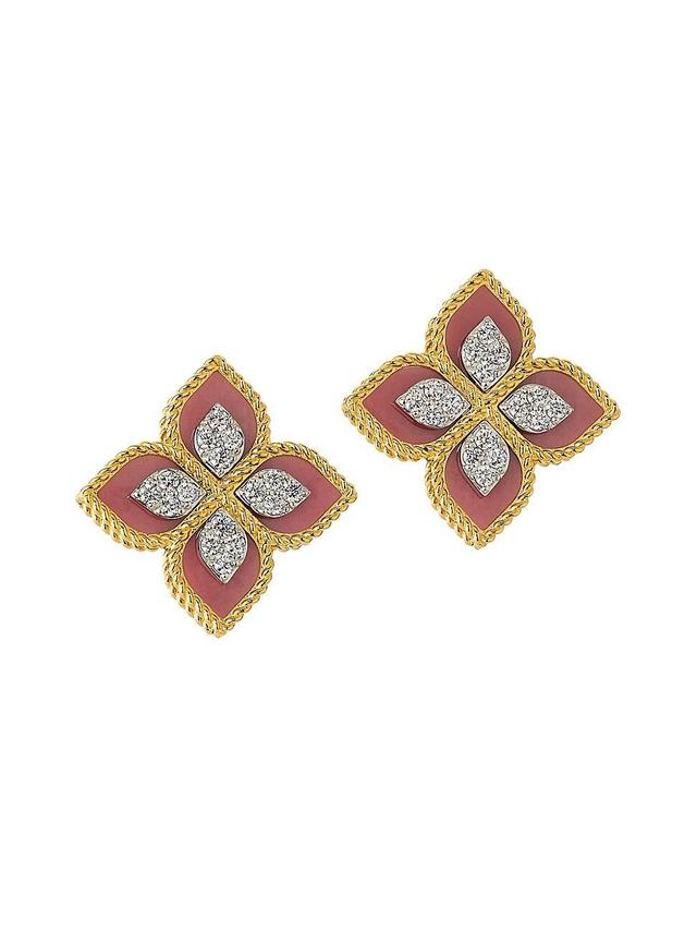 Womens Venetian Princess 18K Yellow Gold, Rhodonite & 0.35 TCW Diamond Flower Stud Earrings Product Image