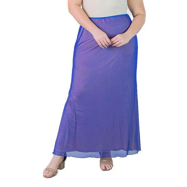 Plus Size 24Seven Comfort Apparel Print Sheer Overlay Elastic Waist Maxi Skirt, Womens Blue Product Image