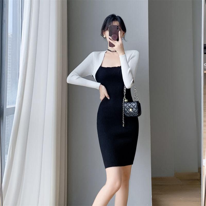 Long-Sleeve Square Neck Two Tone Ribbed Mini Sheath Knit Dress Product Image