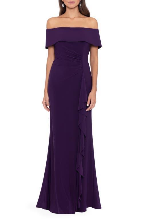 Xscape Off the Shoulder Ruffle Scuba Gown Product Image