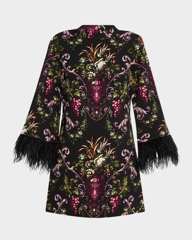 Vida Mock-Neck Medallion-Print Feather-Trim Mini Dress Product Image