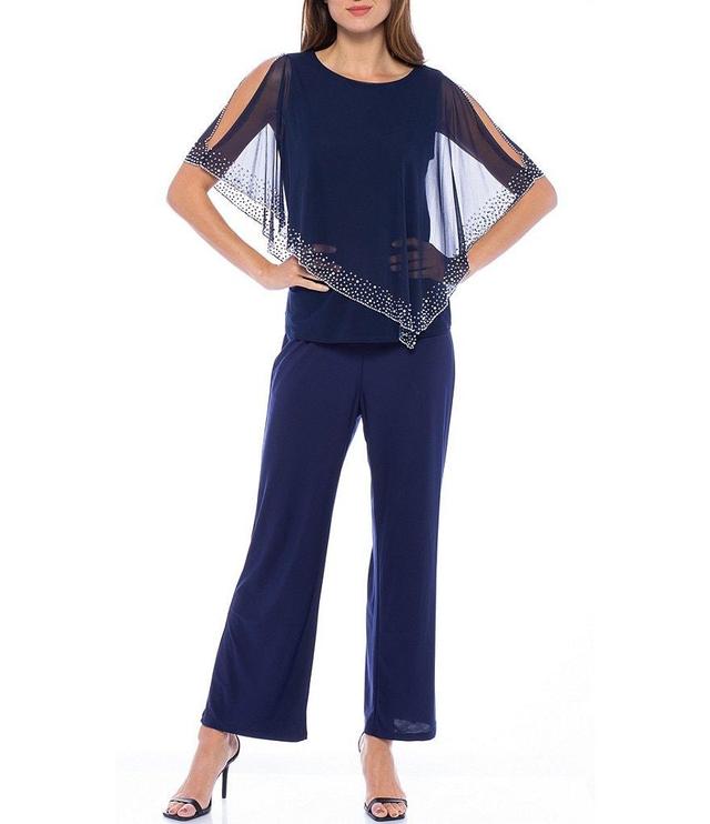 Marina 3/4 Split Sleeve Crew Neck Beaded Trim 2-Piece Pant Set Product Image