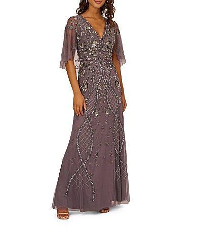 Adrianna Papell Womens Embellished Cape-Sleeve Gown Product Image