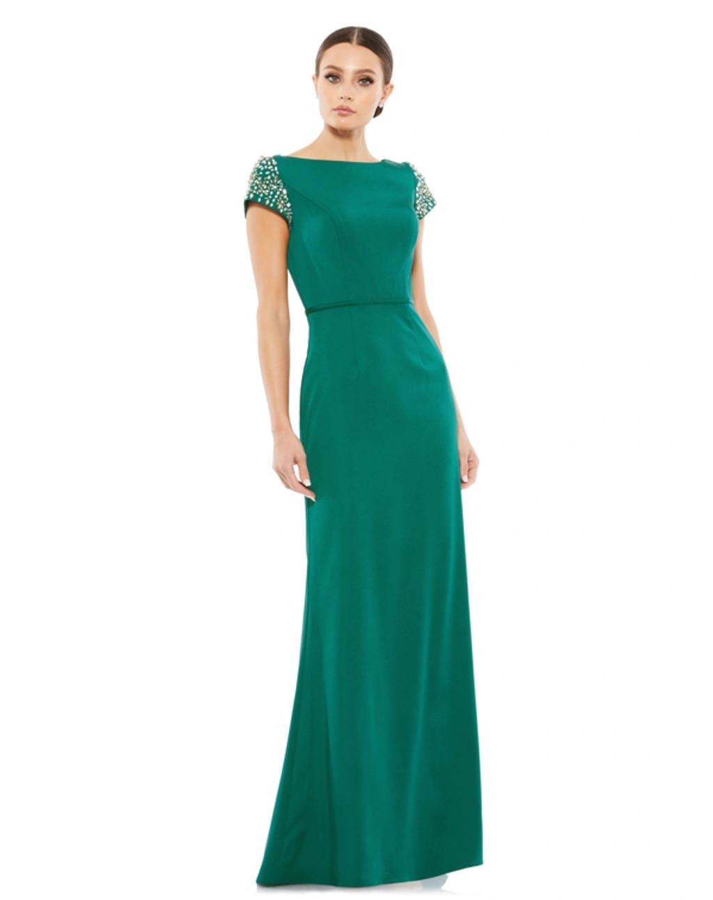 Beaded Cap Sleeve Beteau Column Dress In Green Product Image