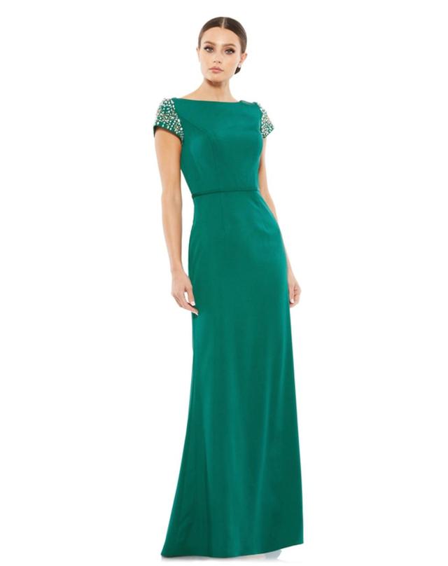 Beaded Cap Sleeve Beteau Column Dress In Green Product Image