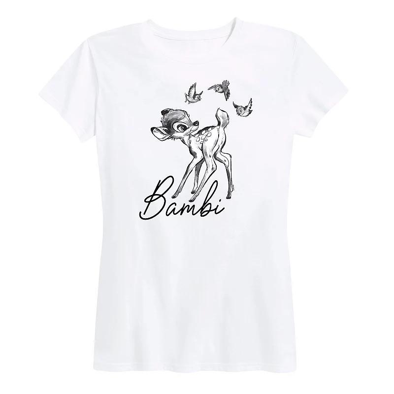 Disneys Bambi Womens Black White Watercolor Graphic Tee Grey Gray Product Image