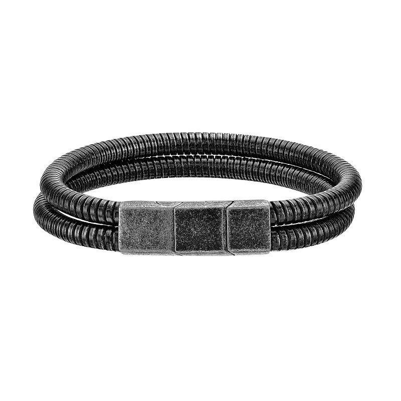 Mens LYNX Black Ion-Plated Stainless Steel Leather Bracelet Product Image