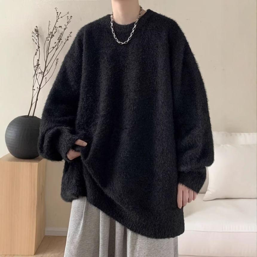 Crew Neck Plain Fluffy Sweater Product Image