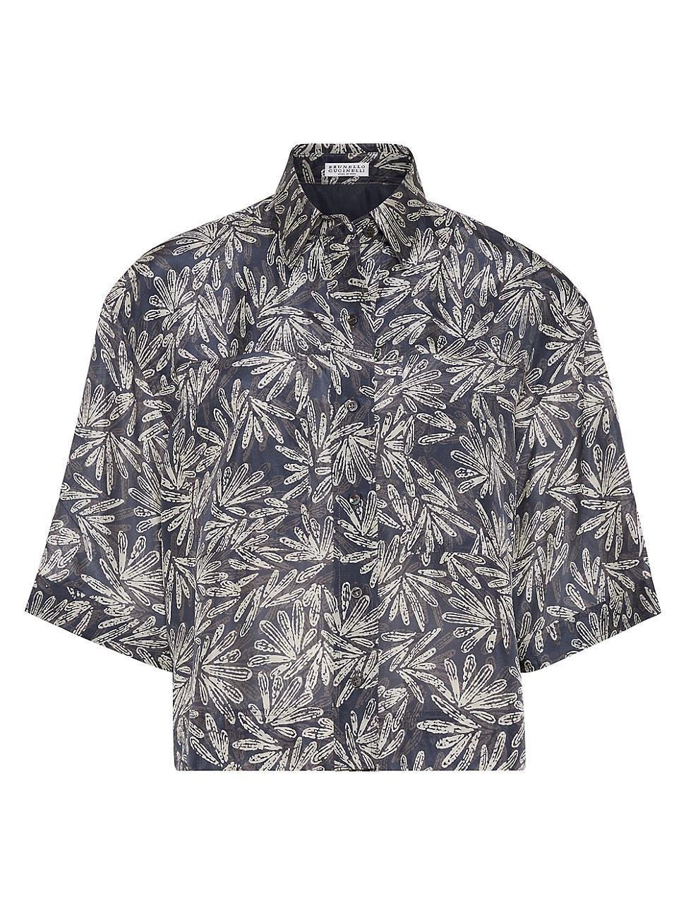 Womens Silk Fern Print Pongee Shirt with Monili Product Image