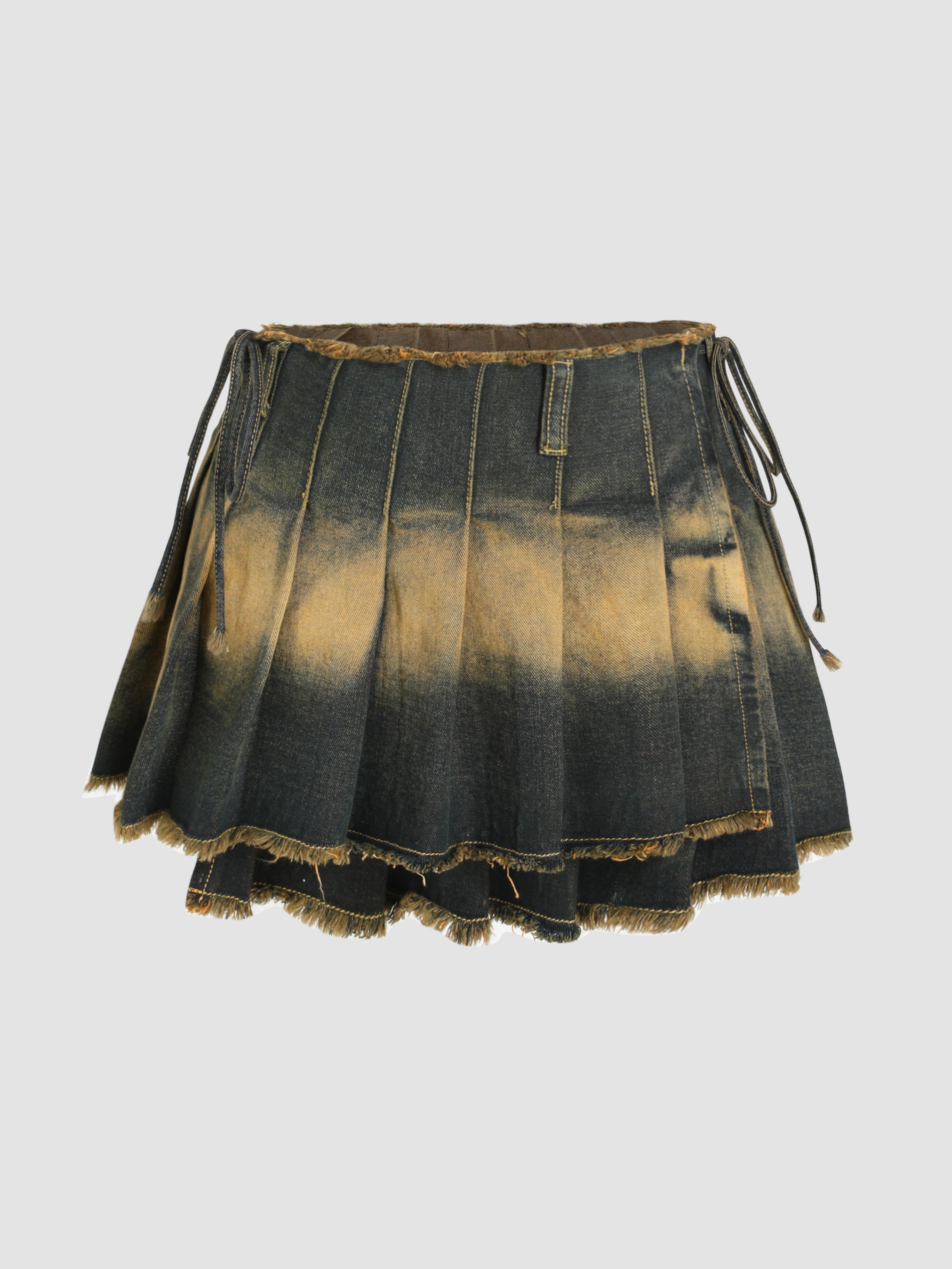 Denim Washed Raw Hem Pleated Knotted Mini Skirt Product Image