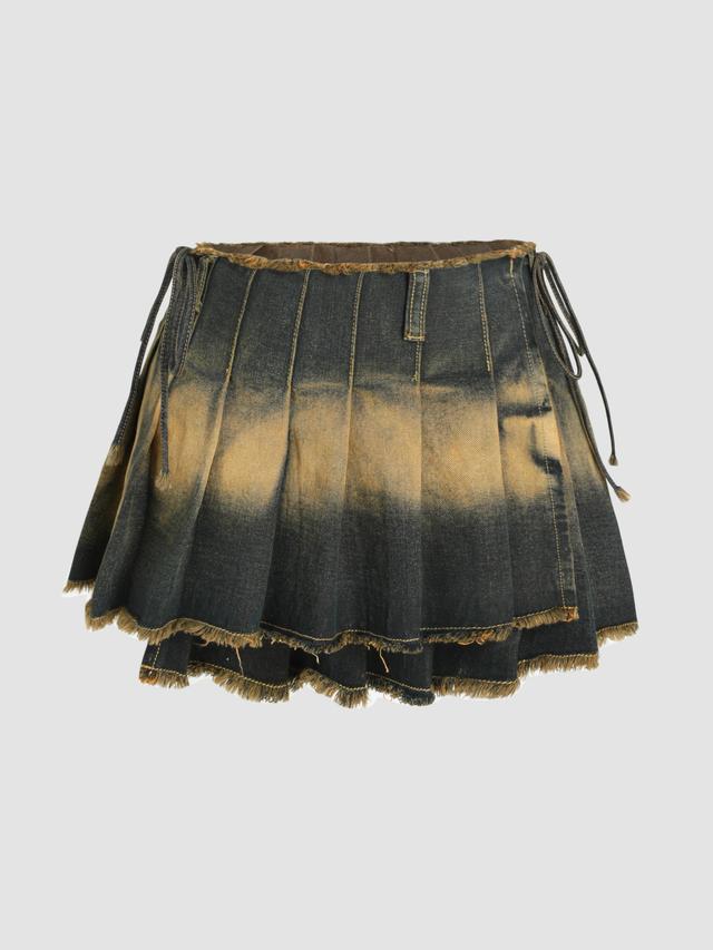 Denim Washed Raw Hem Pleated Knotted Mini Skirt Product Image